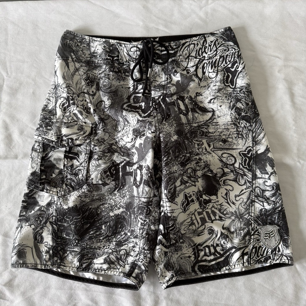 Y2K Fox Riders Co Mens Board Shorts Black White Skater Surfer Beach Size 34